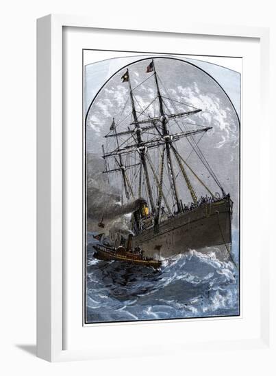 Mail Boat in a Gale Delivering to White Star Lines Steamer Germanic Off Sandy Hook, NJ, 1870s-null-Framed Giclee Print