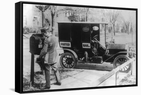 Mail Carrier with "United Mail" Automobile Photograph-Lantern Press-Framed Stretched Canvas
