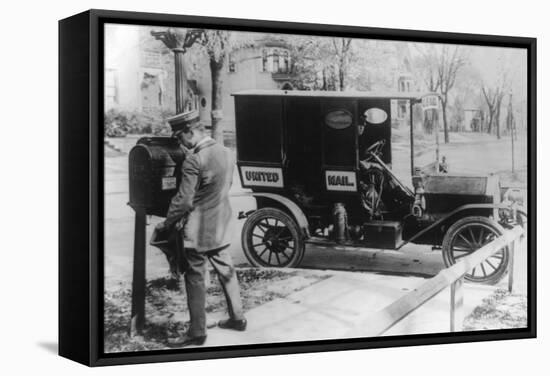 Mail Carrier with "United Mail" Automobile Photograph-Lantern Press-Framed Stretched Canvas