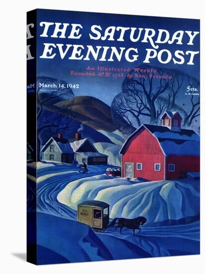 "Mail Wagon in Snowy Landscape," Saturday Evening Post Cover, March 14, 1942-Dale Nichols-Stretched Canvas