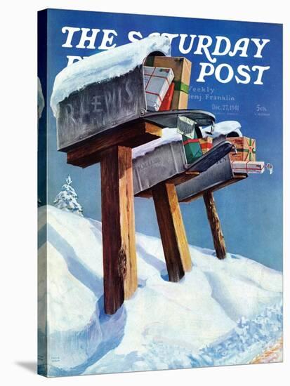 "Mailboxes in Snow," Saturday Evening Post Cover, December 27, 1941-Miriam Tana Hoban-Stretched Canvas