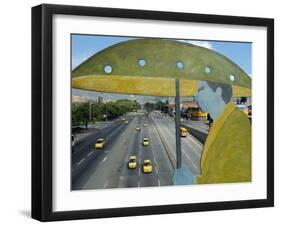 Main Avenue is Empty of Private Cars, Seen from a Bridge Decorated with a Statue of a Pedestrian-null-Framed Photographic Print