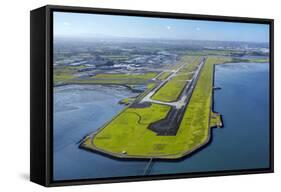 Main Runway at Auckland Airport, and Manukau Harbour, Auckland, North Island, New Zealand-David Wall-Framed Stretched Canvas