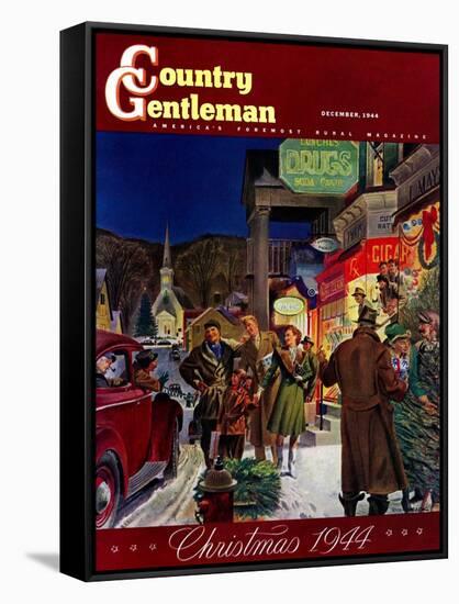 "Main Street at Christmas," Country Gentleman Cover, December 1, 1944-Peter Helck-Framed Stretched Canvas