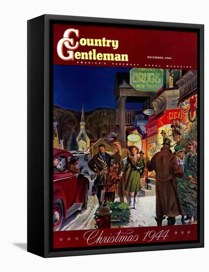 "Main Street at Christmas," Country Gentleman Cover, December 1, 1944-Peter Helck-Framed Stretched Canvas