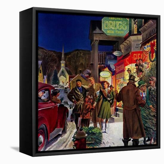 "Main Street at Christmas,"December 1, 1944-Peter Helck-Framed Stretched Canvas