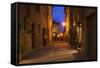 Main Street of Pienza with evening Blue Light and Street Lights.-Terry Eggers-Framed Stretched Canvas