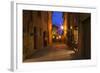 Main Street of Pienza with evening Blue Light and Street Lights.-Terry Eggers-Framed Photographic Print