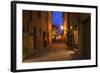 Main Street of Pienza with evening Blue Light and Street Lights.-Terry Eggers-Framed Photographic Print