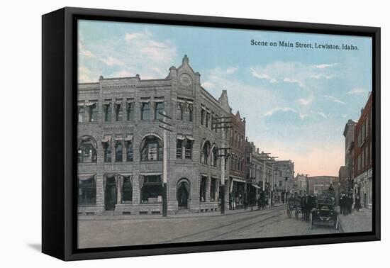 Main Street Scene with Horse Carriages and Model-T - Lewiston, ID-Lantern Press-Framed Stretched Canvas