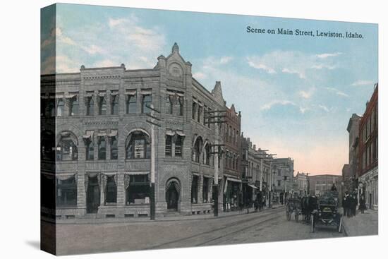 Main Street Scene with Horse Carriages and Model-T - Lewiston, ID-Lantern Press-Stretched Canvas