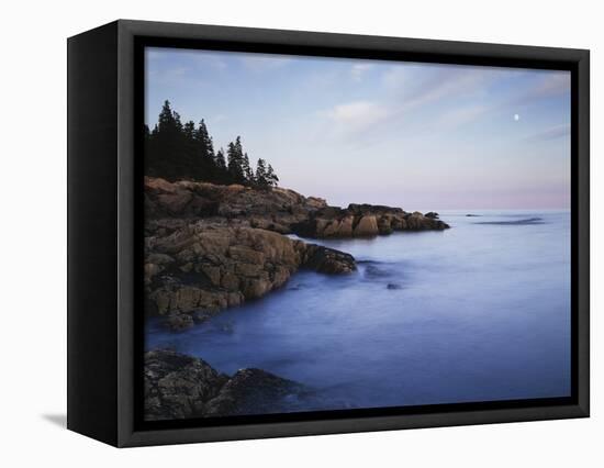 Maine, Acadia National Park, Moonset over the Atlantic Ocean at Sunrise-Christopher Talbot Frank-Framed Stretched Canvas