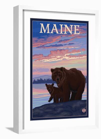 Maine - Bear and Cub-Lantern Press-Framed Art Print