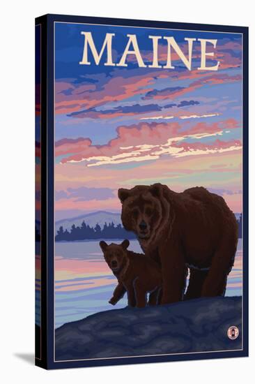 Maine - Bear and Cub-Lantern Press-Stretched Canvas
