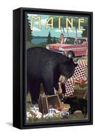 Maine - Bear and Picnic Scene-Lantern Press-Framed Stretched Canvas