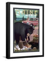 Maine - Bear and Picnic Scene-Lantern Press-Framed Art Print