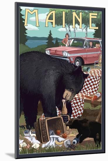 Maine - Bear and Picnic Scene-Lantern Press-Mounted Art Print