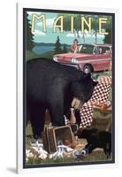 Maine - Bear and Picnic Scene-Lantern Press-Framed Art Print