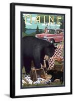 Maine - Bear and Picnic Scene-Lantern Press-Framed Art Print