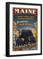 Maine - Black Bear Family Vintage Sign-Lantern Press-Framed Art Print