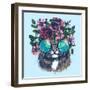 Maine Coon Cat Portrait with Floral Wreath and round Sunglasses. Hand Drawn Vector Illustration. Fa-moopsi-Framed Art Print