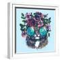 Maine Coon Cat Portrait with Floral Wreath and round Sunglasses. Hand Drawn Vector Illustration. Fa-moopsi-Framed Art Print