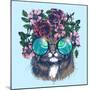Maine Coon Cat Portrait with Floral Wreath and round Sunglasses. Hand Drawn Vector Illustration. Fa-moopsi-Mounted Art Print