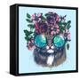 Maine Coon Cat Portrait with Floral Wreath and round Sunglasses. Hand Drawn Vector Illustration. Fa-moopsi-Framed Stretched Canvas