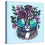 Maine Coon Cat Portrait with Floral Wreath and round Sunglasses. Hand Drawn Vector Illustration. Fa-moopsi-Stretched Canvas