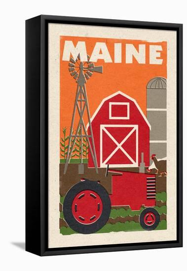 Maine - Country - Woodblock-Lantern Press-Framed Stretched Canvas