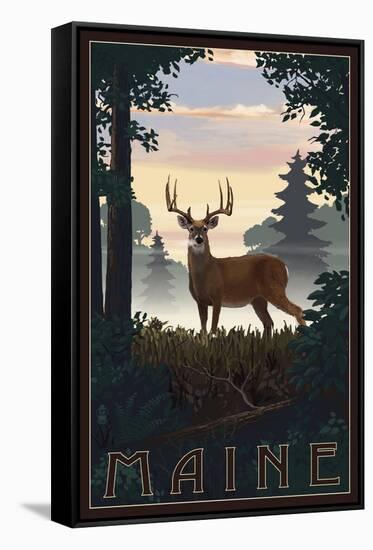 Maine - Deer and Sunrise-Lantern Press-Framed Stretched Canvas