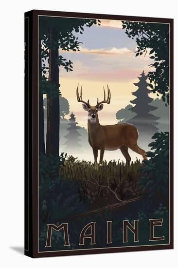 Maine - Deer and Sunrise-Lantern Press-Stretched Canvas