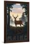 Maine - Deer and Sunrise-Lantern Press-Framed Art Print