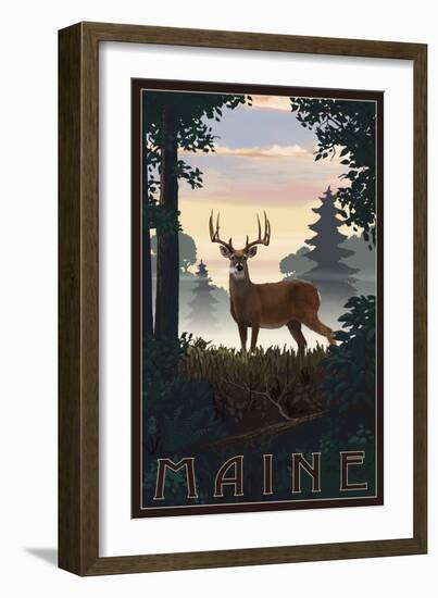 Maine - Deer and Sunrise-Lantern Press-Framed Art Print