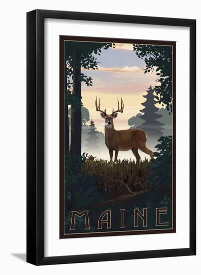 Maine - Deer and Sunrise-Lantern Press-Framed Art Print