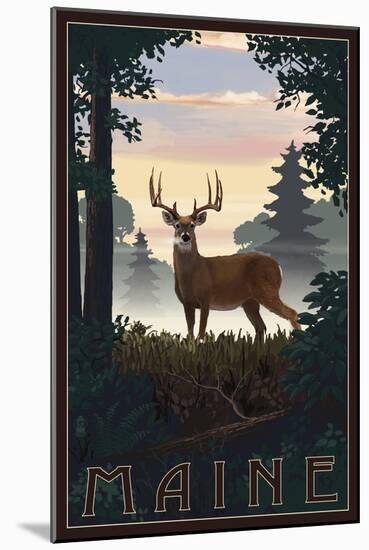 Maine - Deer and Sunrise-Lantern Press-Mounted Art Print