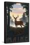 Maine - Deer and Sunrise-Lantern Press-Stretched Canvas