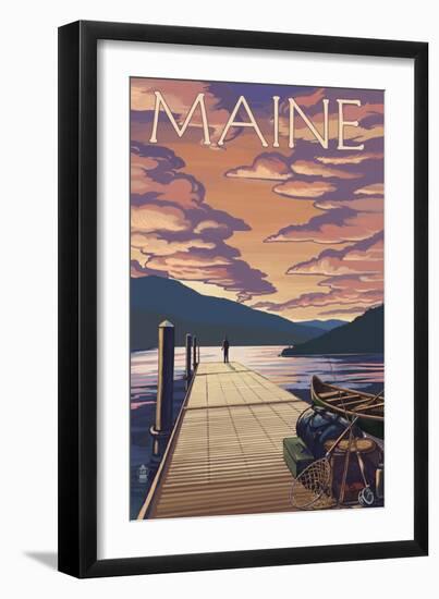 Maine - Dock and Sunset Scene-Lantern Press-Framed Art Print