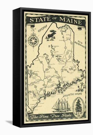 Maine, Highway Map of the Pine Tree State Scene-Lantern Press-Framed Stretched Canvas