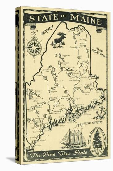 Maine, Highway Map of the Pine Tree State Scene-Lantern Press-Stretched Canvas