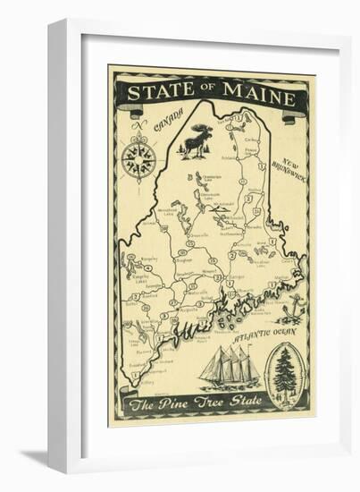 Maine, Highway Map of the Pine Tree State Scene-Lantern Press-Framed Art Print