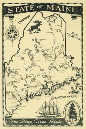 'Maine, Highway Map of the Pine Tree State Scene' Prints - Lantern 