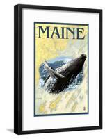 Maine - Humpback Whale and Nautical Chart-Lantern Press-Framed Art Print