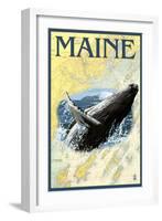 Maine - Humpback Whale and Nautical Chart-Lantern Press-Framed Art Print