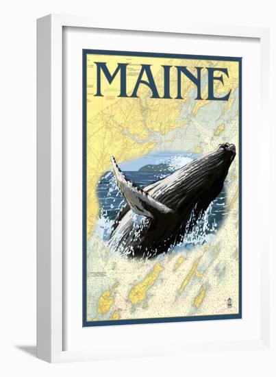 Maine - Humpback Whale and Nautical Chart-Lantern Press-Framed Art Print