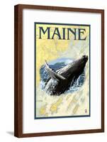 Maine - Humpback Whale and Nautical Chart-Lantern Press-Framed Art Print