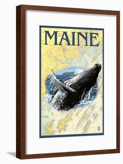 Maine - Humpback Whale and Nautical Chart-Lantern Press-Framed Art Print