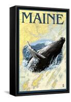 Maine - Humpback Whale and Nautical Chart-Lantern Press-Framed Stretched Canvas