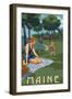 Maine - Lake and Picnic Scene-Lantern Press-Framed Art Print