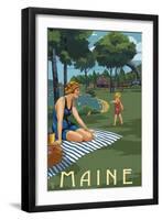 Maine - Lake and Picnic Scene-Lantern Press-Framed Art Print